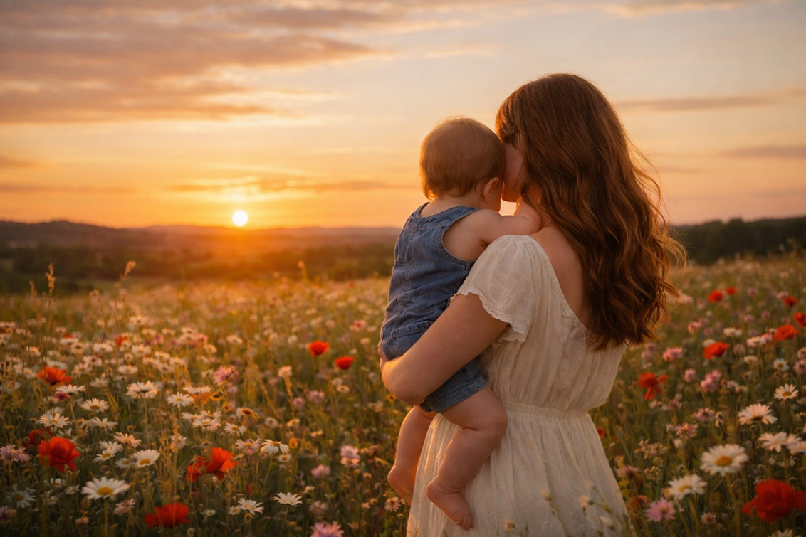 Mother holding child in a flower field